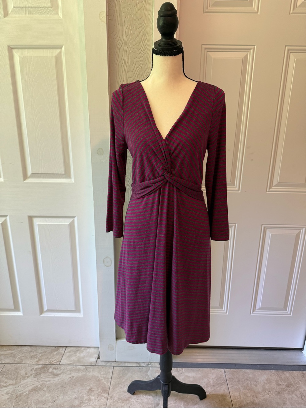 Anthropologie Burgundy and Navy Striped V‑Neck Knot Front Dress